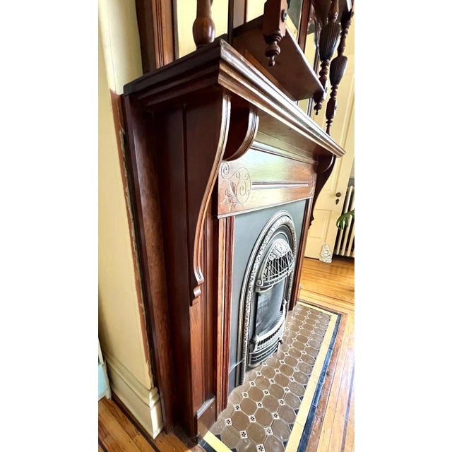 Carved Wood Victorian Fireplace Mantel & Surround Beveled Mirrors 1880's For Sale - Image 10 of 12