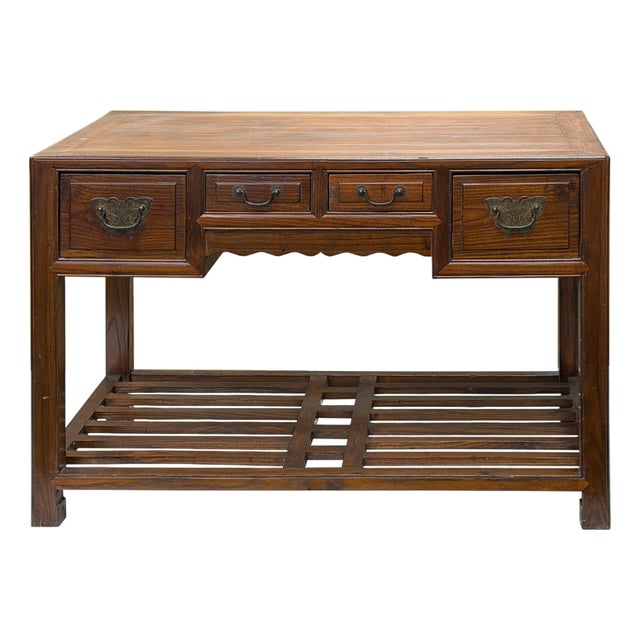 Vintage Brown Stain Patina Deep Rectangular Drawers Desk Table For Sale