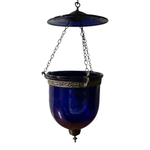 Antique 19th Century English Regency Cobalt Blue Blown Glass Bell Jar Hall Lantern With Smoke Shade