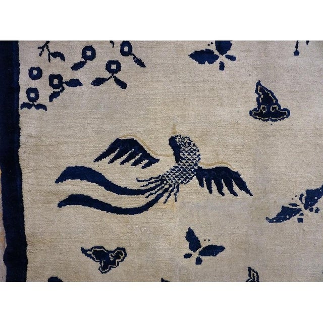 1920s Ivory Scenic Bird of Paradise Antique Chinese Bat Cloud Band Peking Rug For Sale - Image 11 of 11