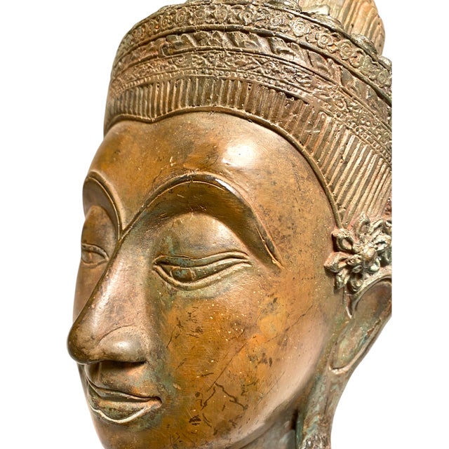 Thai Bronze Buddha Head Statue Vintage Ayutthaya Style Bust Sculpture Decor For Sale - Image 16 of 18