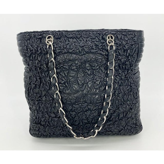 Chanel Astrakhan Black Leather Ruched Shopping Tote in excellent condition. Limited edition black leather ruched astrakhan...