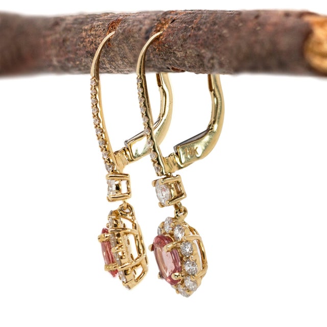 2020s Ceylon Padparadscha Sapphire Diamond Earrings in Solid 14k Gold | Oval 6x4mm For Sale - Image 5 of 7