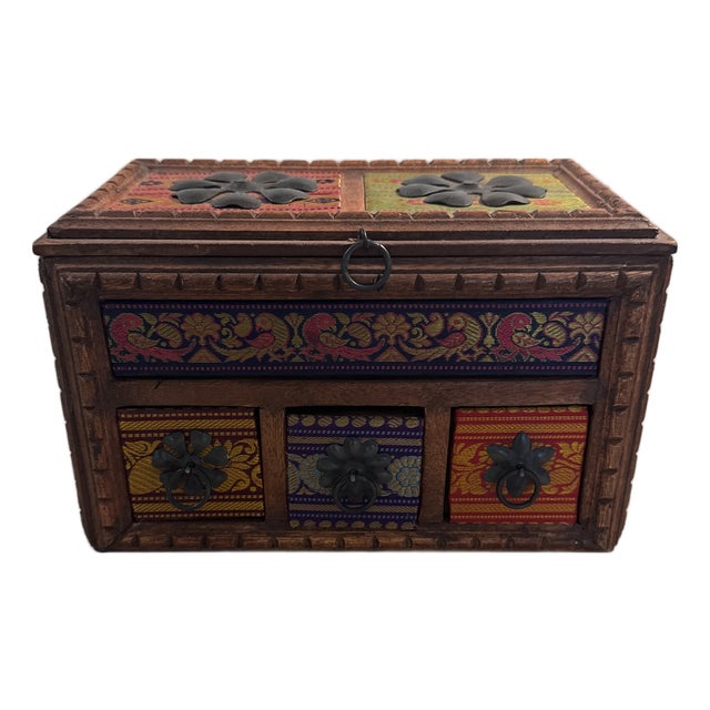 Vintage Wood, Fabric, and Metal Jewelry Storage Box India For Sale