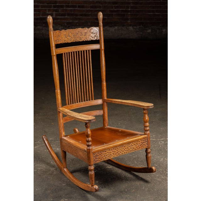 Victorian Antique Wooden Rocking Chair With Red Cushion For Sale - Image 3 of 10