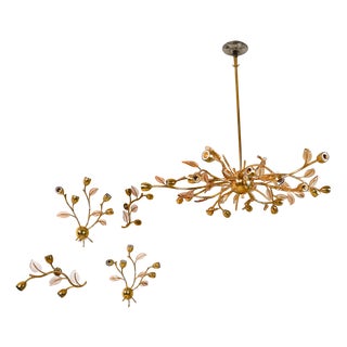 Hanging Ligt and Four Brass Sconces with Glass Elements, 1970, Set of 5 For Sale