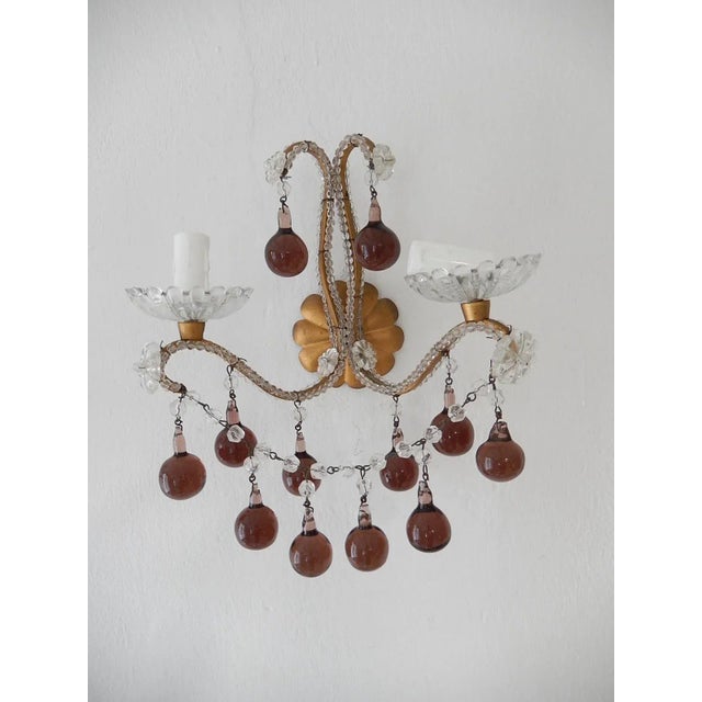 French Beaded Amethyst Murano Drops Sconces, Circa 1920 For Sale - Image 4 of 11