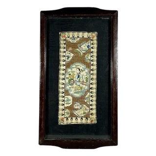 Antique Chinese Silk Embroidery Textile Panel Framed Tray For Sale