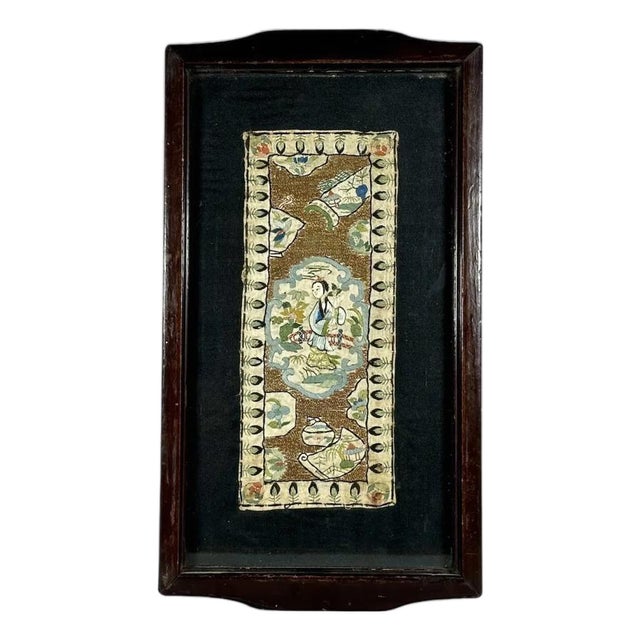 Antique Chinese Silk Embroidery Textile Panel Framed Tray For Sale