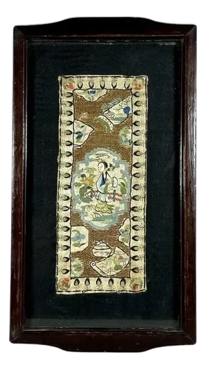 Antique Chinese Silk Embroidery Textile Panel Framed Tray