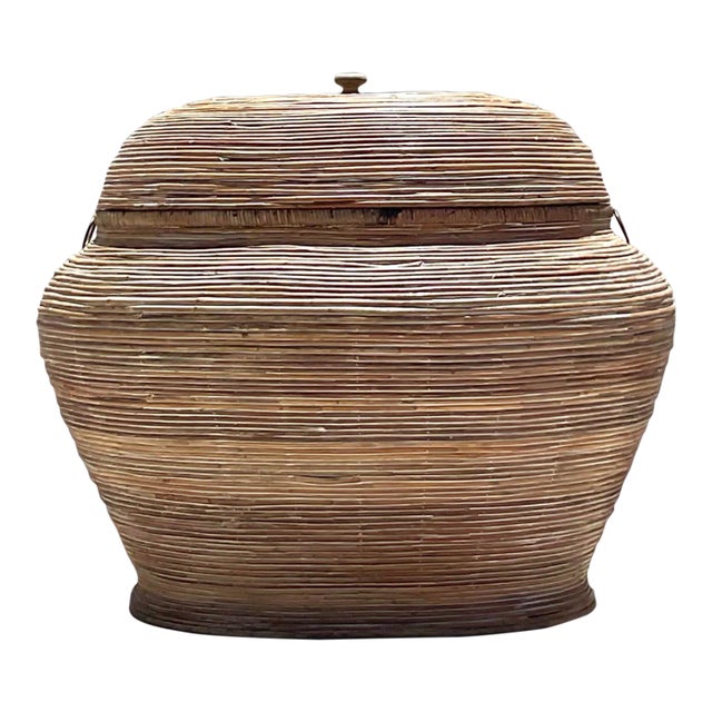 Vintage Coastal Pencil Reed Lidded Basket For Sale