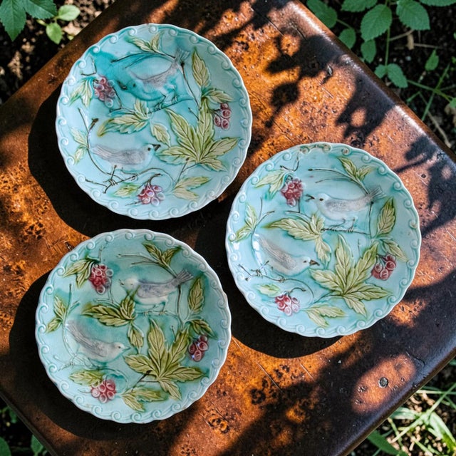 Antique French Barbotine Bird Plates, 1875, Set of 3 For Sale - Image 11 of 11