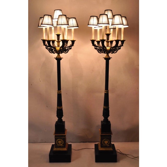 Late 19th Century French Empire Tall Bronze & Marble Lighted Candelabra Torchiere Floor Lamps - a Pair For Sale - Image 10 of 18