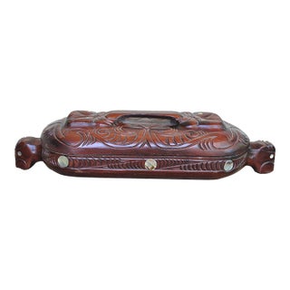 Vintage Maori Wakahuia Carved Hardwood Treasure Box With Inlaid Abalone Shell For Sale