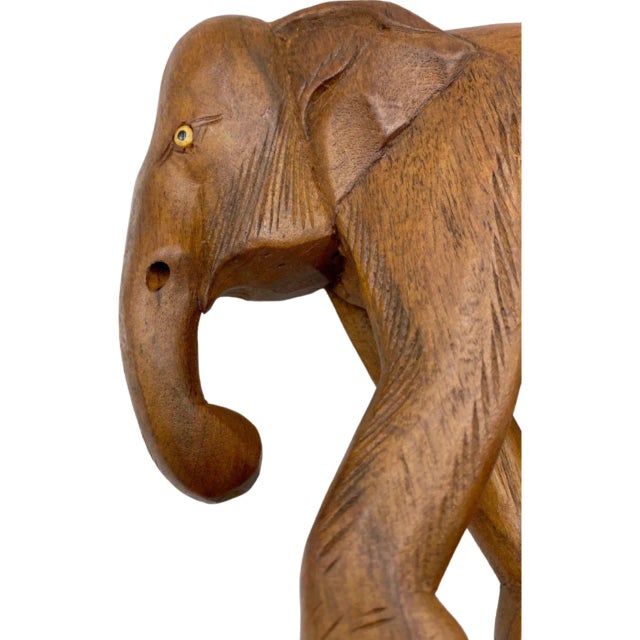 Vintage Hand-Carved Brown Wood Elephant Figure Statue on Base Animal Decor For Sale - Image 9 of 12