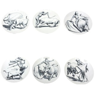 Vintage Piero Fornasetti Porcelain Black and White Matador and Bull Plates Set of 6 Mid Century Modern For Sale