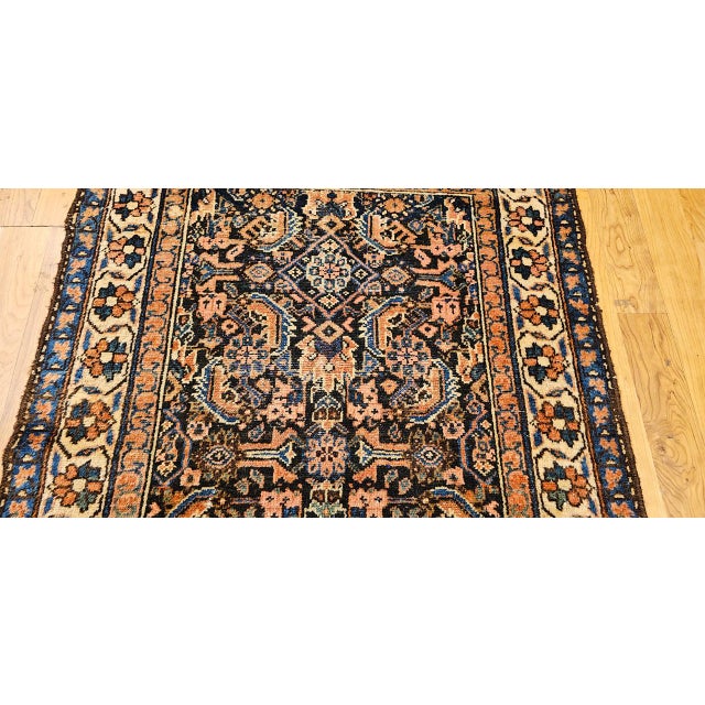 Vintage Persian Malayer Area Rug, Hand-Knotted Wool, Geometric Pattern, 4x4, Navy & Ivory For Sale - Image 9 of 14