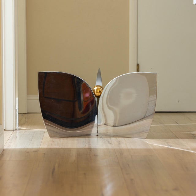 1970s Tripartite Polished Stainless Steel and Gilt-Metal Cocktail Table For Sale - Image 10 of 15