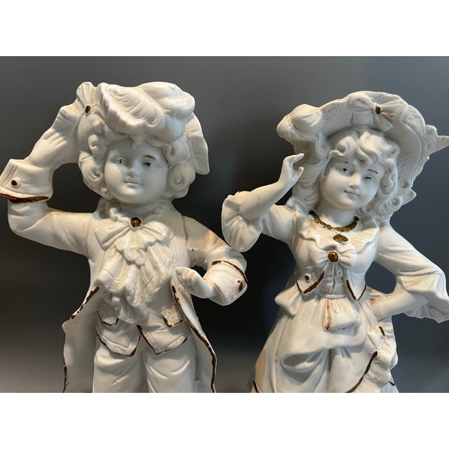 French Provincial Antique Pair of Carl Schneider Boy & Girl Porcelain Bisque Figurines From Germany - Circa 1885 For Sale - Image 3 of 10