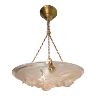 1940s Art Deco Original Soft Pink Chandelier Pendant Ceiling Bowl W/ Rose Cluster + Cord Mount For Sale