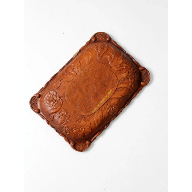 Brown Vintage Syroco Style Floral Composite Wood Tray For Sale - Image 8 of 9