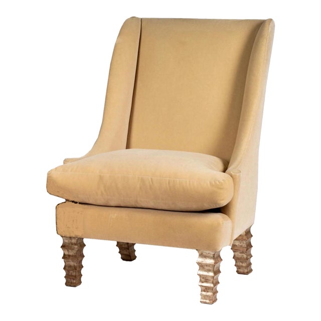 Modern Designer Beige Mohair Giltwood Wing Chair For Sale