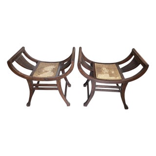 A Pair of Vintage Anglo-Indian Mahogany and Cane Curule Accent Stools For Sale