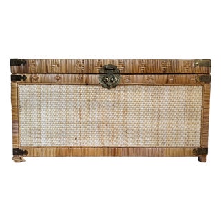 Vintage Asian Woven Rattan & Bamboo Blanket Chest With Brass Hardware For Sale