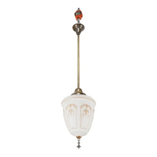 Mid 20th Century Restored Neoclassical Stenciled Milk Glass Pendant Light For Sale