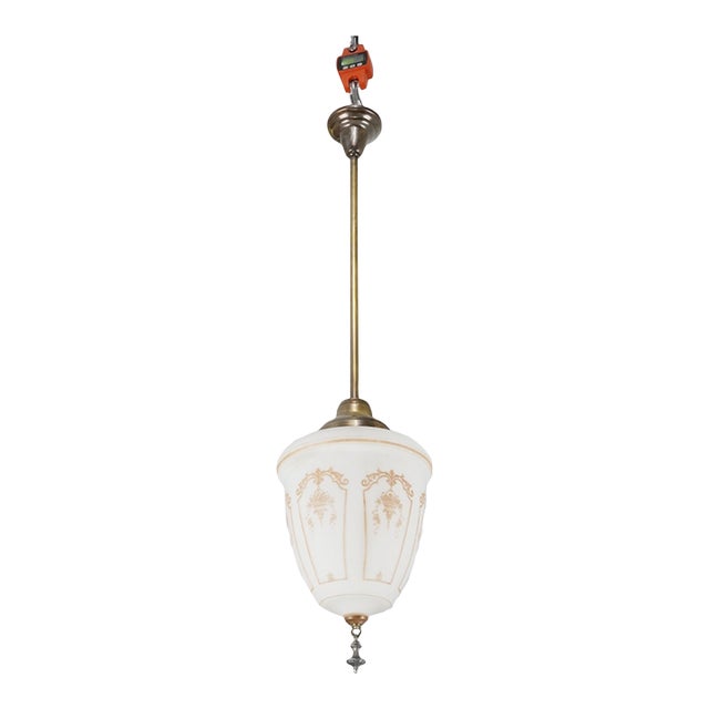 Mid 20th Century Restored Neoclassical Stenciled Milk Glass Pendant Light For Sale