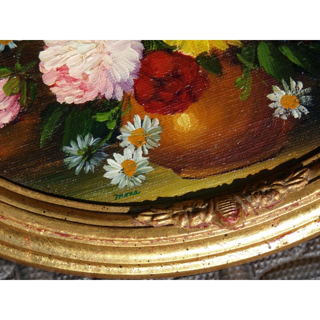 Vintage Pair Floral Still Life O/C Oil Paintings Oval Gold Frames Signed For Sale - Image 4 of 8