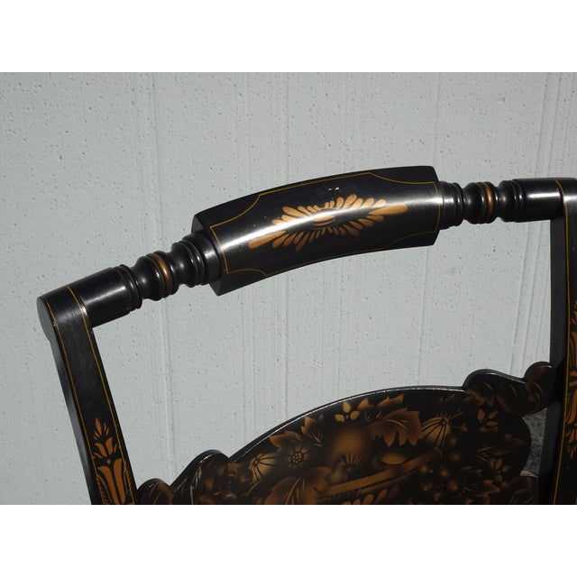 Black Vintage L. Hitchcock French Country Black Turtle Back Rush Seat Chair Stenciled For Sale - Image 8 of 17