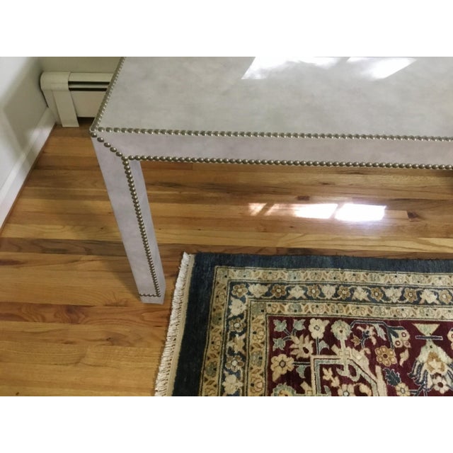 Wood Vintage Rectangular Parsons Style Suede and Brass Studded Coffee Table For Sale - Image 7 of 11