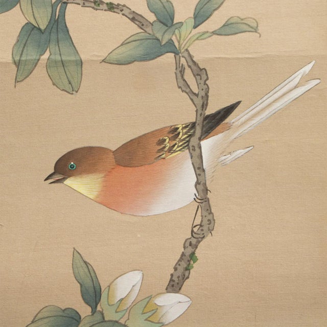 Khaki Post 1940s Showa Era Japanese Silk Scroll "Rosefinch, Camellias and Lilies" For Sale - Image 8 of 12