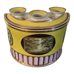 Antique George III 18th Century English Porcelain Pinxton Bough Pot Vase and Cover Decorated With a Deer Park on Bright Yellow Ground