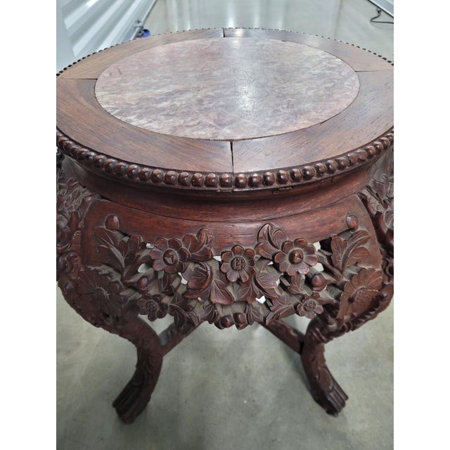 Carved Asian Plant Stand/Drinks Table W/Marble Top For Sale In New York - Image 6 of 10