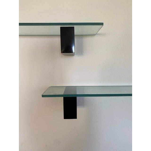 1980's Post Modern Floating Glass Shelves With Black Lacquer Brackets