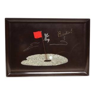 Mid-Century Black Resin Inlaid Shell and Metal Golf Motif "Birdie" Tray by Couroc For Sale