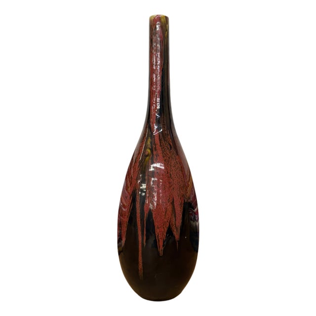 Red and Black Glazed Ceramic Vase with Skinny Neck For Sale