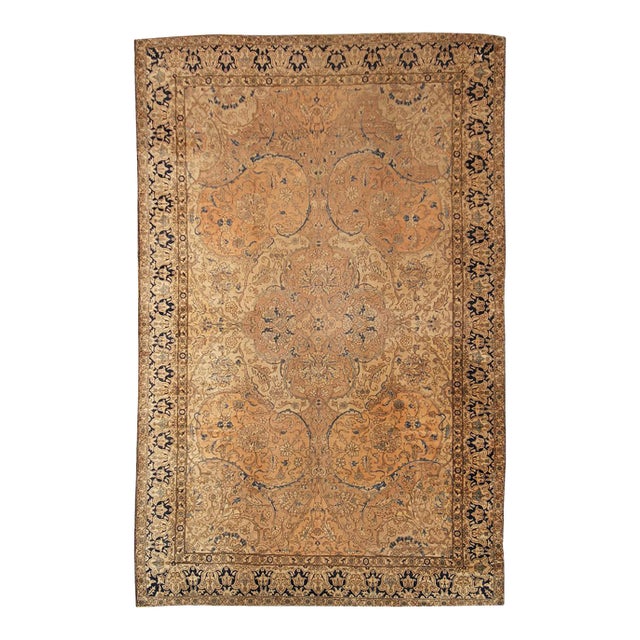 Hand-Knotted Antique Polonaise Rug in Beige Brown and Blue Floral Pattern For Sale