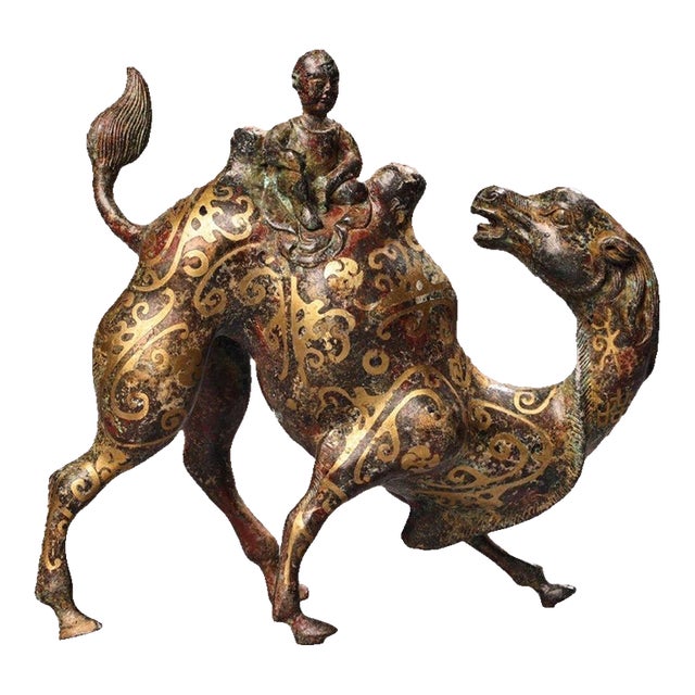 Late 19th Century Gilt Bronze Camel With Rider Figurine, Detailed Engravings For Sale