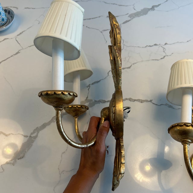 Neoclassical Vintage Mid-Century Italian Giltwood & Mirror Wheat Sheaf Two-Light Wall Sconces - a Pair For Sale - Image 3 of 12