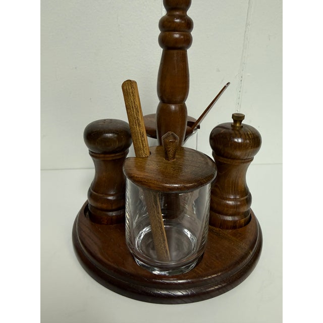 Mid-Century Modern Vintage Mid-Century Wood & Glass Condiment Caddy Salt & Pepper Mill Set For Sale - Image 3 of 12