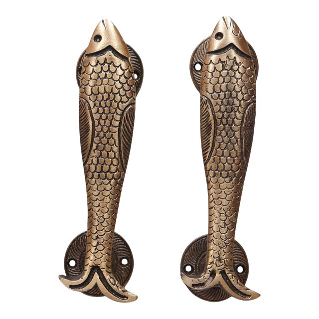 Antiqued Brass Fish Handles, a Pair For Sale