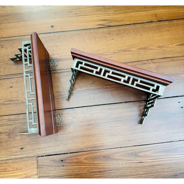 Wood Vintage Pair of Chinoiserie Greek Key Brass and Wood Wall Shelves or Brackets For Sale - Image 7 of 7