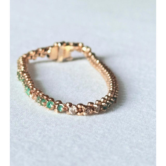 Vintage 14k Yellow Gold Natural Emerald & Diamond Tennis Bracelet For Sale In New York - Image 6 of 15