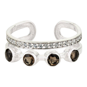 Rare Open Cuff Smoky Topaz Ring With Dazzling Zircons, Size 6