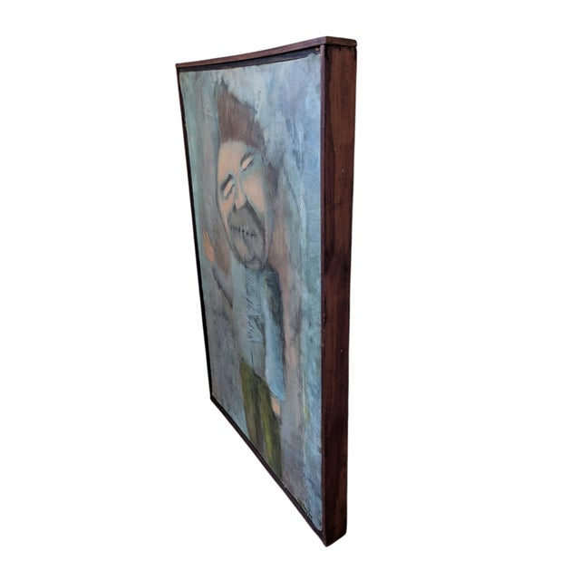 Thematically dark yet whimsical, in muted colors, this mixed media piece depicts a man whose mouth has been stitched shut....