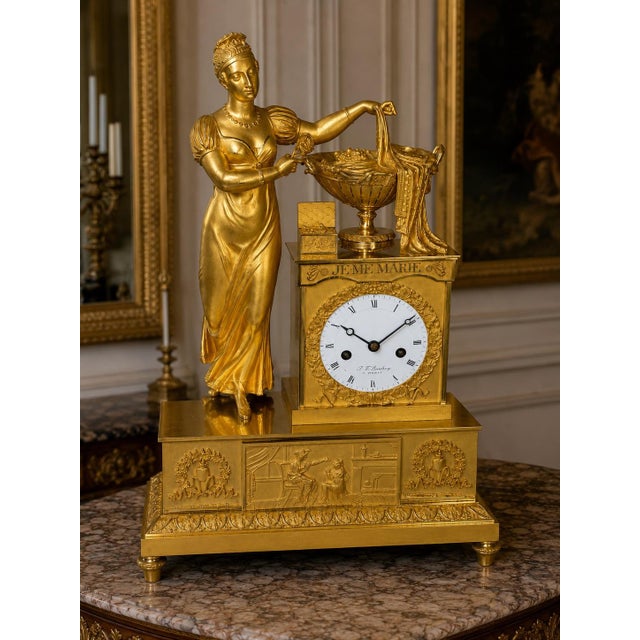 Traditional c.1800 Rouchouze Empire Gilt Bronze Mantel Clock For Sale - Image 3 of 18