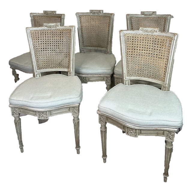 1980s Set of 5 French Louis XVI Style Caned Dining Chairs in Distressed Finish For Sale